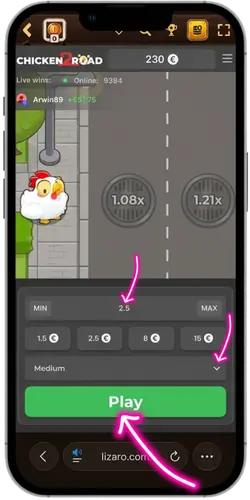 Choisir la mise et lancer Chicken Road 2 mobile