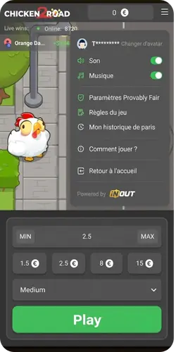 Menu et paramètres du jeu Chicken Road 2 mobile